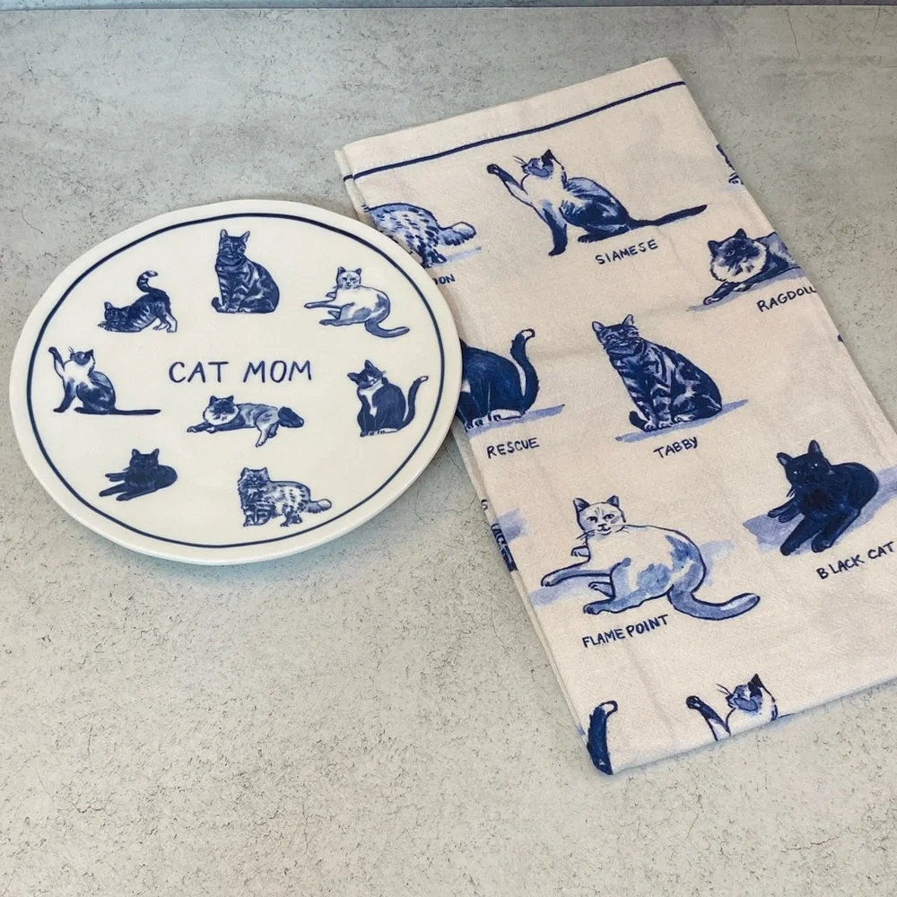Anthropologie Molly Hatch Cat Mom Dessert Plate Tea Towel Set NWT Cat Lover Gift